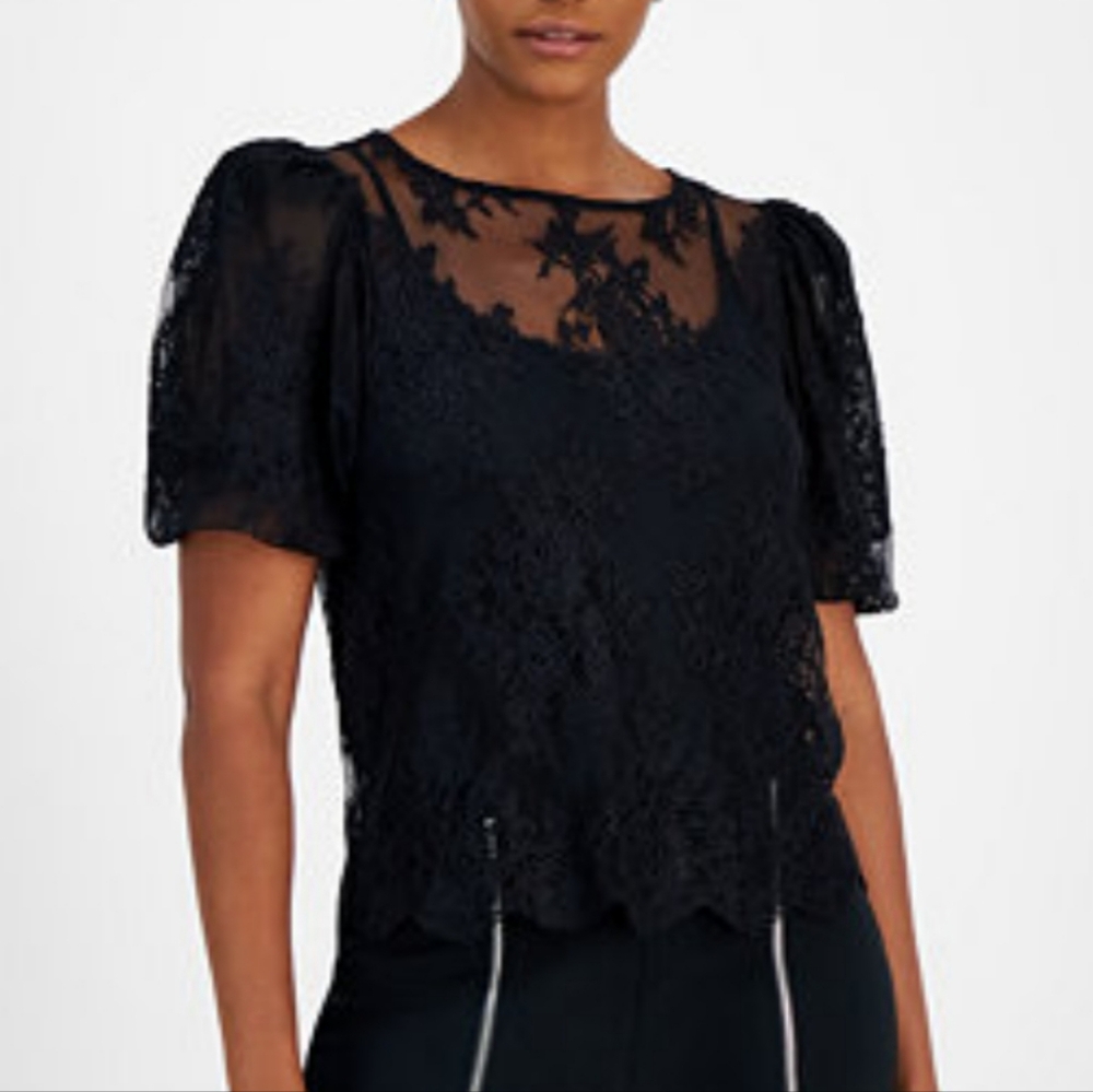 Bar lll Puffy Sleeve Lace Top With Keyhole Button In The Back EUC